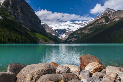 Scenic view of lake and mountains against sky