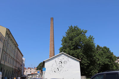 Low angle view of building against clear blue sky