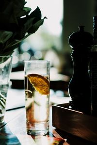 Close-up of beer glass on table