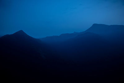 Scenic view of silhouette mountains against clear blue sky