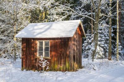 Old shed in a snow-covered forest