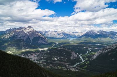 Scenic view of valley and mountains against sky