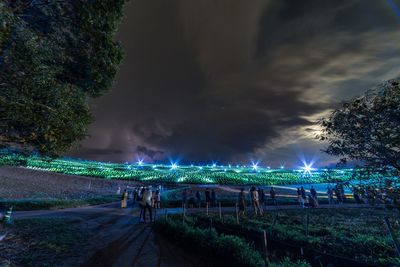 People at illuminated park against sky at night