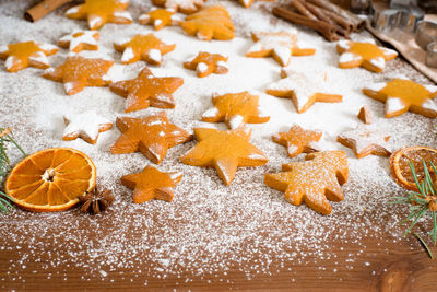 High angle view of cookies on christmas tree