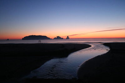 Scenic view of beach against clear sky during sunset