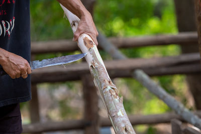 Close-up of man working on wood