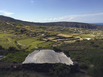 Scenic view of agricultural field against sky