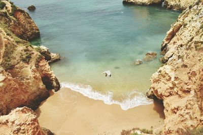 High angle view of rocks on sea shore