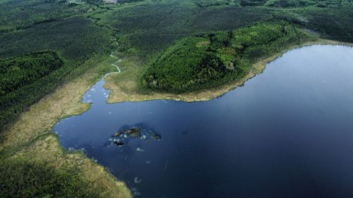 High angle view of lake and river amidst trees