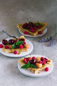 High angle view of breakfast served on table