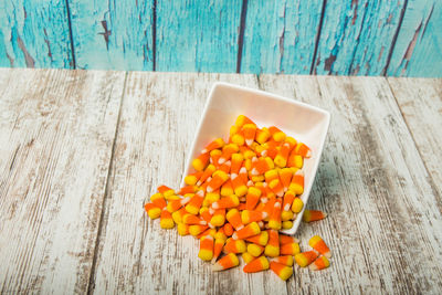 High angle view of orange food on table