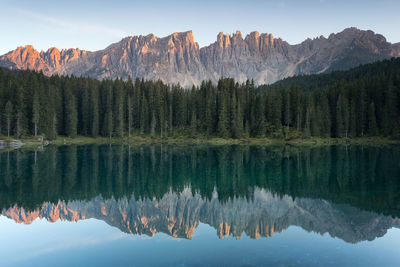 Reflection of trees in lake against mountains