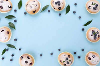 High angle view of blueberry muffins on table