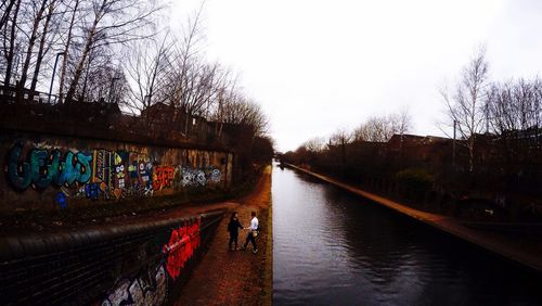 Reflection of bare trees in canal