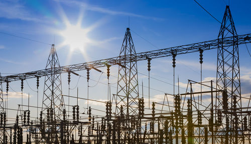 Sunset behind substation towers.