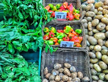 High angle view of vegetables for sale at market stall