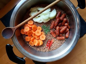 Directly above shot of various ingredients in cooking pan on table