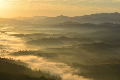 Scenic view of mountains against sky during sunset