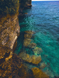 High angle view of rock formation in sea