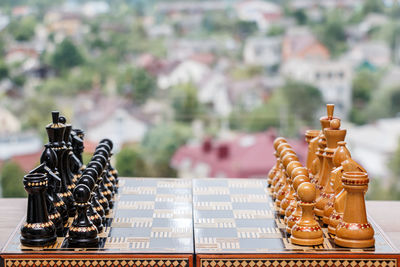 Close-up of chess board on table