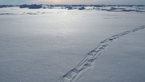 High angle view of footprints on snow covered land