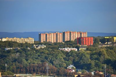 Trees and buildings against clear blue sky