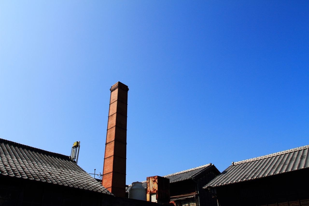 clear sky, low angle view, architecture, built structure, building exterior, copy space, blue, high section, bird, roof, day, building, outdoors, animal themes, city, no people, tower, residential structure, residential building, sunlight