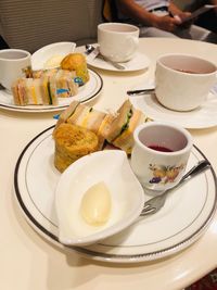 High angle view of afternoon tea on table