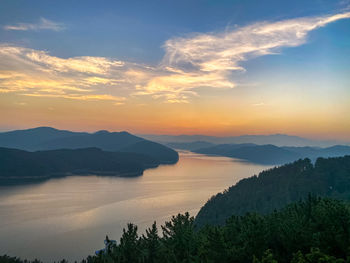 Angel clouds over mountains and lake at sunset