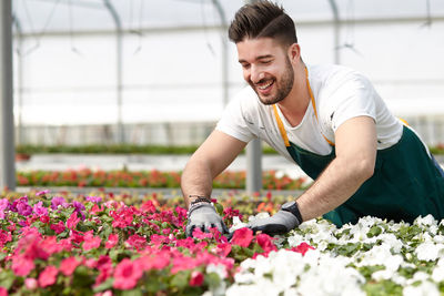 Young man working in greenhouse