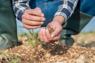 Midsection of man planting sapling