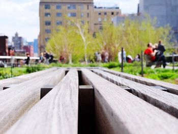 Surface level of benches by trees in city against sky