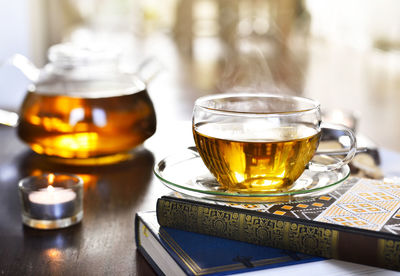 Close-up of tea served on table