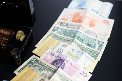 High angle view of coins on table
