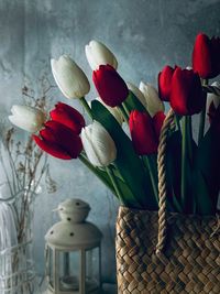 Close-up of red roses in vase