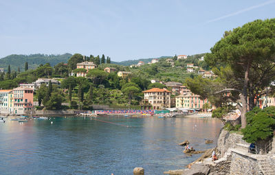 Scenic view of river by town against sky