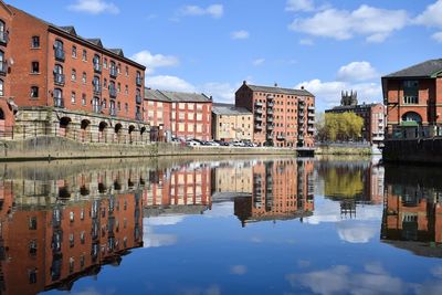 Buildings by river aire against sky