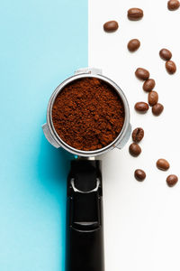 High angle view of coffee cup on table