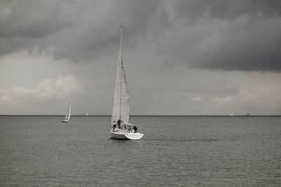 Sailboat sailing on sea against sky