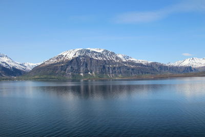 Scenic view of lake with mountains in background