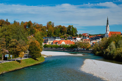 Bad tolz - picturesque resort town in bavaria, germany in autumn and isar river