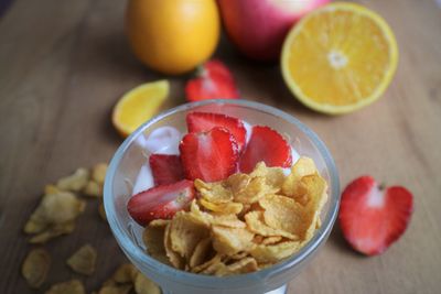 High angle view of breakfast served on table