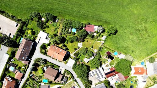 High angle view of buildings and houses in town