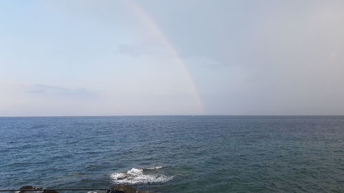 Scenic view of rainbow over sea against sky