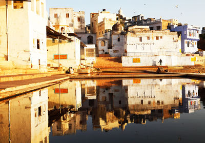 Houses reflecting in pushkar lake during sunset