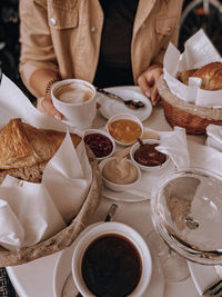 High angle view of food and coffee on table