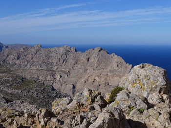 Scenic view of rocks in sea against blue sky
