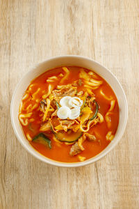 High angle view of soup in bowl on table