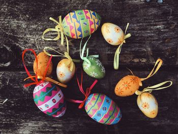 Directly above shot of easter eggs on wooden table