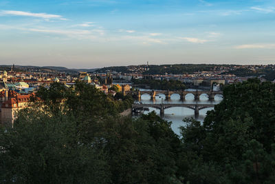 High angle view of river amidst buildings in city against sky